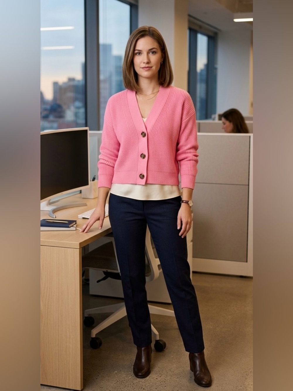 On 34th Pink Ribbed V-Neck Cardigan Sweater - Size‎ S office